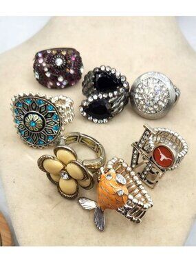 Set Of 6 Stretch Rings With Rhinestones & Unique Designs